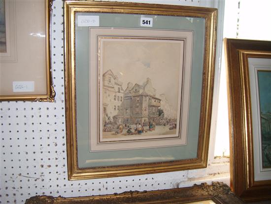 1842, watercolour, On the Rhine market scene